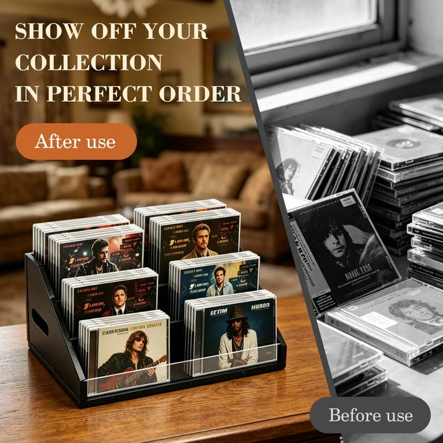 Alt view image 4 of 5 - Wanyshapy Wood CD Display & Storage Holder (4-Tier, Holds 32 CDs), Black