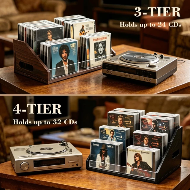 Alt view image 2 of 5 - Wanyshapy Wood CD Display & Storage Holder (4-Tier, Holds 32 CDs), Black