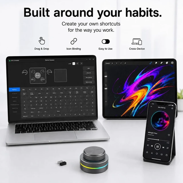 Alt view image 3 of 5 - MOSHOU Knob Macro Pad, 3-Layer Programmable Keyboard,wireless & Type-C & BT
