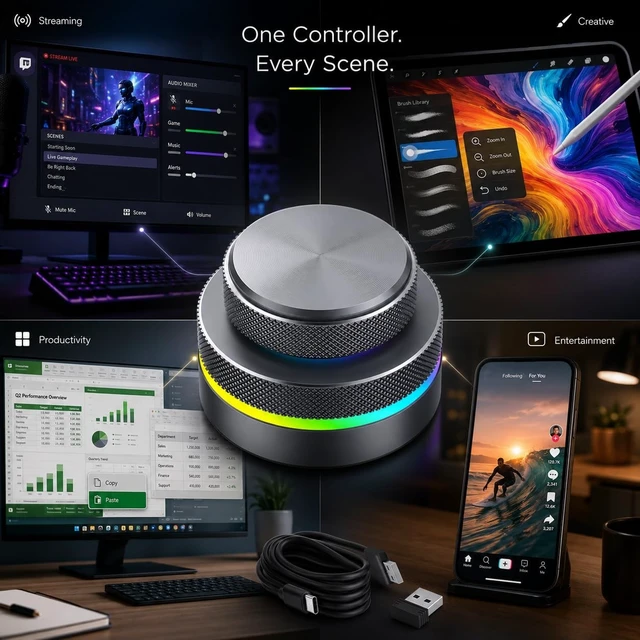 Alt view image 5 of 5 - MOSHOU Knob Macro Pad, 3-Layer Programmable Keyboard,wireless & Type-C & BT