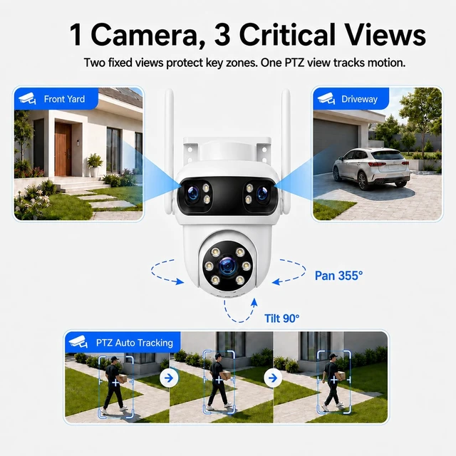 Alt view image 2 of 5 - CAMCAMP Triple-Lens Security Camera Wireless Outdoor, Remote Access via APP