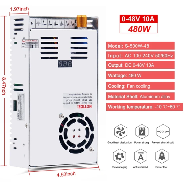 Alt view image 4 of 5 - EAGWELL DC Power Supply 0-48V 10A 480W Adjustable LED Adapter