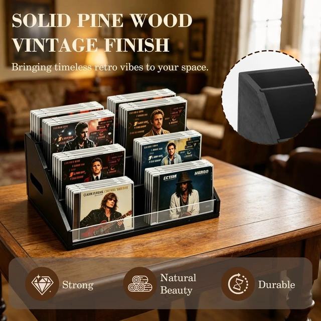 Alt view image 5 of 5 - Wanyshapy Wood CD Display & Storage Holder (4-Tier, Holds 32 CDs), Black