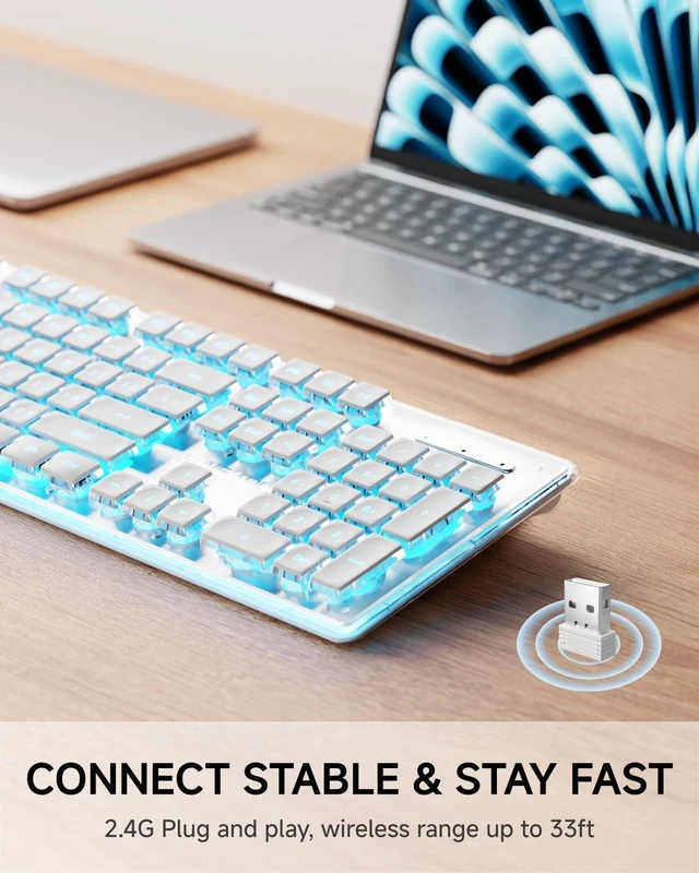 Alt view image 2 of 5 - SEUNKWANG EWEADN X7S Wireless Keyboard with Blue Backlit, Metal Panel, 2.4G Rechargeable Computer Keyboard Silent Light up Full Size Cute Keyboards for Win & MAC - White