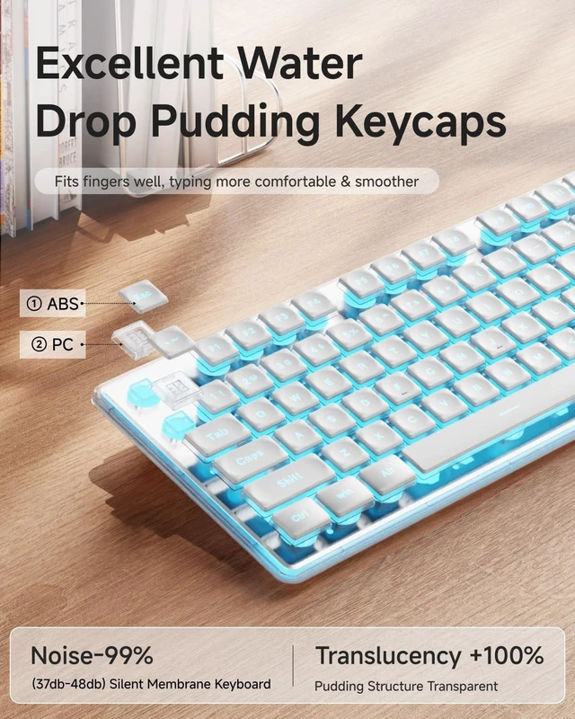 Alt view image 5 of 5 - SEUNKWANG EWEADN X7S Wireless Keyboard with Blue Backlit, Metal Panel, 2.4G Rechargeable Computer Keyboard Silent Light up Full Size Cute Keyboards for Win & MAC - White