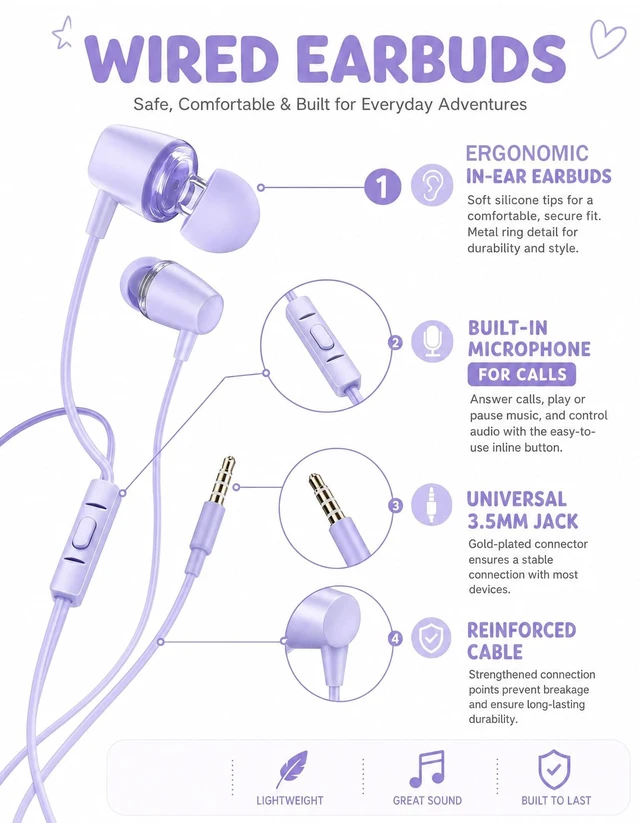 Alt view image 2 of 5 - 2-Pack Teens Wired Earbuds with Cases, 3.5mm School Headphones, Blueviolet