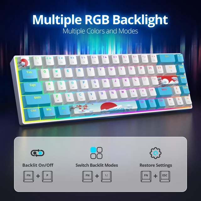 Alt view image 3 of 5 - iRoboosta Portable 60% Mechanical Gaming Keyboard White/Blue, RGB Backlit Wired Key Board with Red Switch, Compact 68 Keys Office Keyboards with for Windows Laptop PC (68 Sea/Red Switch)