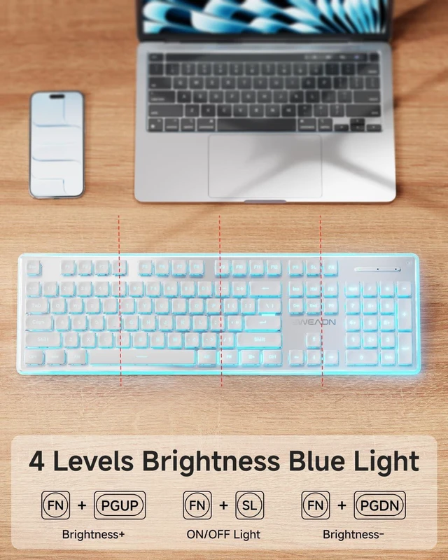 Alt view image 3 of 5 - SEUNKWANG EWEADN X7S Wireless Keyboard with Blue Backlit, Metal Panel, 2.4G Rechargeable Computer Keyboard Silent Light up Full Size Cute Keyboards for Win & MAC - White