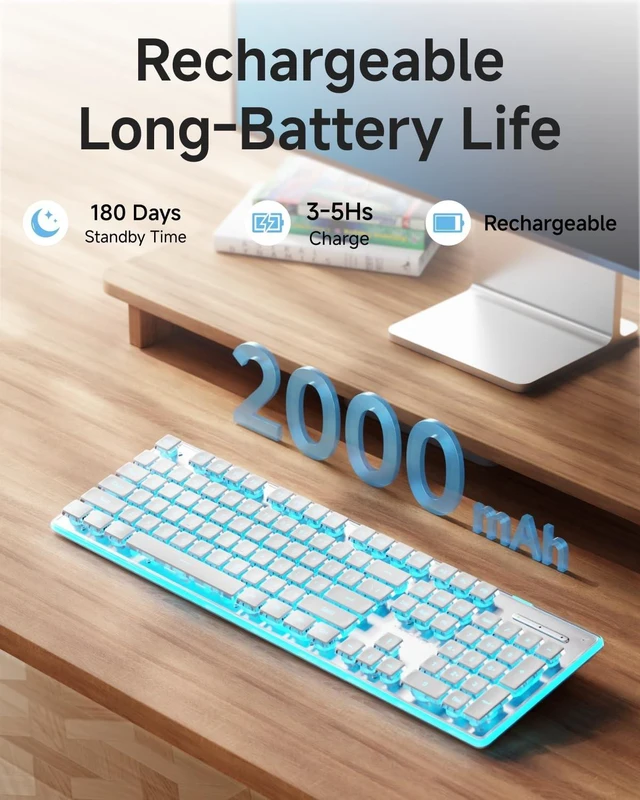Alt view image 4 of 5 - SEUNKWANG EWEADN X7S Wireless Keyboard with Blue Backlit, Metal Panel, 2.4G Rechargeable Computer Keyboard Silent Light up Full Size Cute Keyboards for Win & MAC - White