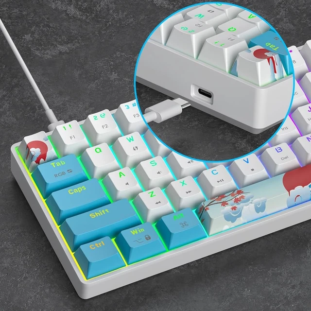 Alt view image 5 of 5 - iRoboosta Portable 60% Mechanical Gaming Keyboard White/Blue, RGB Backlit Wired Key Board with Red Switch, Compact 68 Keys Office Keyboards with for Windows Laptop PC (68 Sea/Red Switch)
