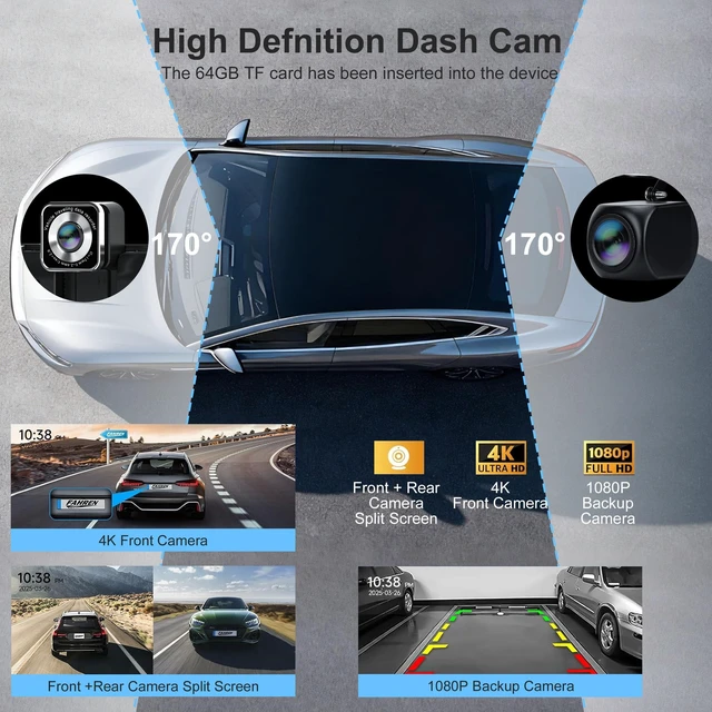 Alt view image 3 of 5 - Wireless CarPlay Android Auto Screen for Car 10.26" 4K Dash Cam & 1080P Backup Camera 64 GB of Storage Mirror Link/Bluetooth/FM, Satellite Radio Receiver