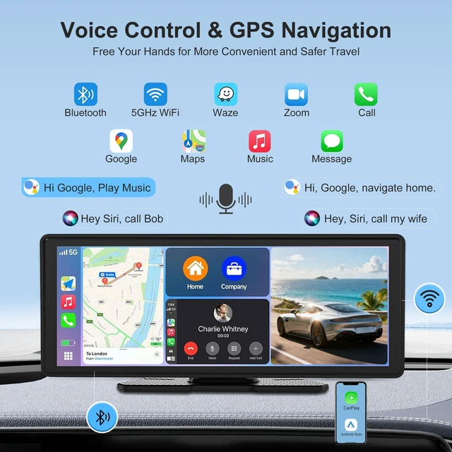 Alt view image 2 of 5 - Wireless CarPlay Android Auto Screen for Car 10.26" 4K Dash Cam & 1080P Backup Camera 64 GB of Storage Mirror Link/Bluetooth/FM, Satellite Radio Receiver