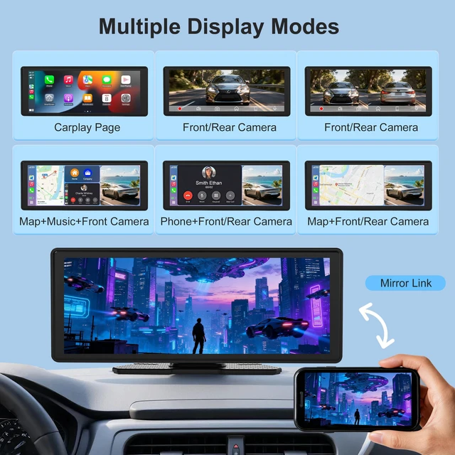 Alt view image 5 of 5 - Wireless CarPlay Android Auto Screen for Car 10.26" 4K Dash Cam & 1080P Backup Camera 64 GB of Storage Mirror Link/Bluetooth/FM, Satellite Radio Receiver