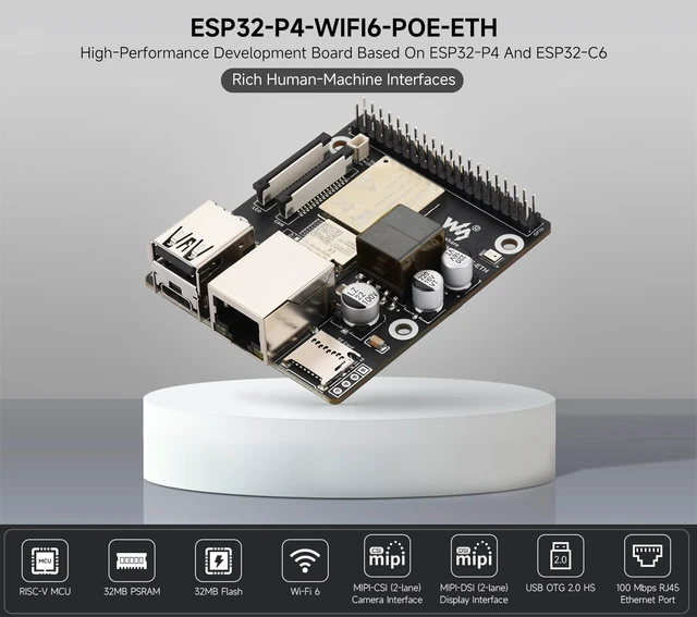 Alt view image 3 of 5 - ESP32-P4-WIFI6-POE-ETH Development Board, Based on ESP32-P4 and ESP32-C6, Supports Wi-Fi 6 & BT 5, with PoE Module for PoE Power Supply, Support AI Speech Interaction, with Camera, Speaker (7 Items)