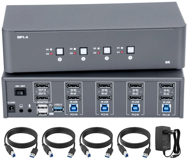 Main image of KVM Switch 2 Monitors 4 Computers, 8k Displayport Switch with USB 3.0, Jack, 4 Computers Share a Set of Keyboard, Mouse, Support Windows/Mac/Linux (Dual Monitor)
