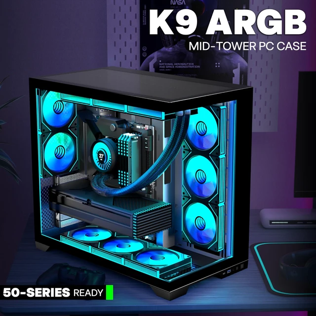 Alt view image 3 of 5 - ANSAITE PC CASE 9 PWM ARGB Fans Pre-Installed, Mid-Tower Gaming PC Case, Panoramic Tempered Glass Computer Case with Type-C,420mm&360mm Radiator SupportBlack,K9