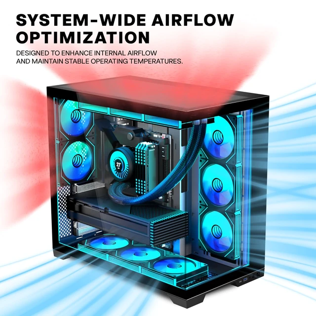 Alt view image 4 of 5 - ANSAITE PC CASE 9 PWM ARGB Fans Pre-Installed, Mid-Tower Gaming PC Case, Panoramic Tempered Glass Computer Case with Type-C,420mm&360mm Radiator SupportBlack,K9
