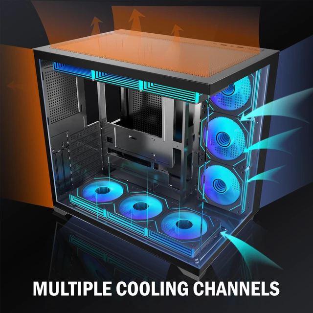 Alt view image 2 of 5 - ANSAITE PC CASE 9 PWM ARGB Fans Pre-Installed, Mid-Tower Gaming PC Case, Panoramic Tempered Glass Computer Case with Type-C,420mm&360mm Radiator SupportBlack,K9