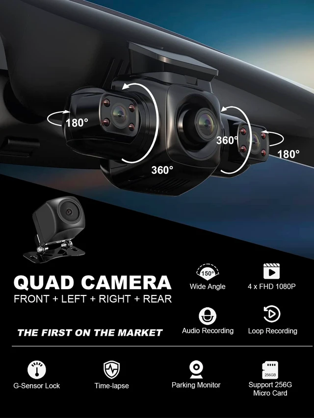 Alt view image 2 of 5 - 4 Channel Dash Cam Front and Rear Inside Left Right FHD 1080P Dash Camera for Cars, 360 View Parking Monitoring Mode, Built-in WiFi, Free 64GB Card