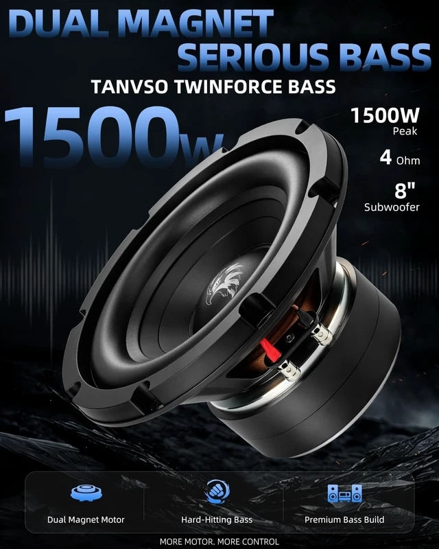 Alt view image 2 of 5 - TANVSO TwinForce Bass Series 8 Subwoofer, 1500W Peak 4 Ohm 8 Inch Car Subwoofer, Dual Magnet 8 Inch Woofer with High-Excursion Cone and Binding Post Terminals, Single