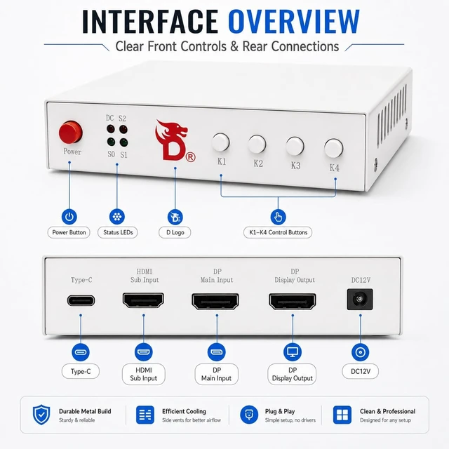 Alt view image 2 of 5 - D DICHEN D DICHEN 4K DMA Video Fuser Display Combiner, HDMI & DisplayPort Dual-PC Visual Routing Device, Supports 4K60Hz / 2K144Hz, Low-Latency AV Hardware for Streaming & Lab Testing