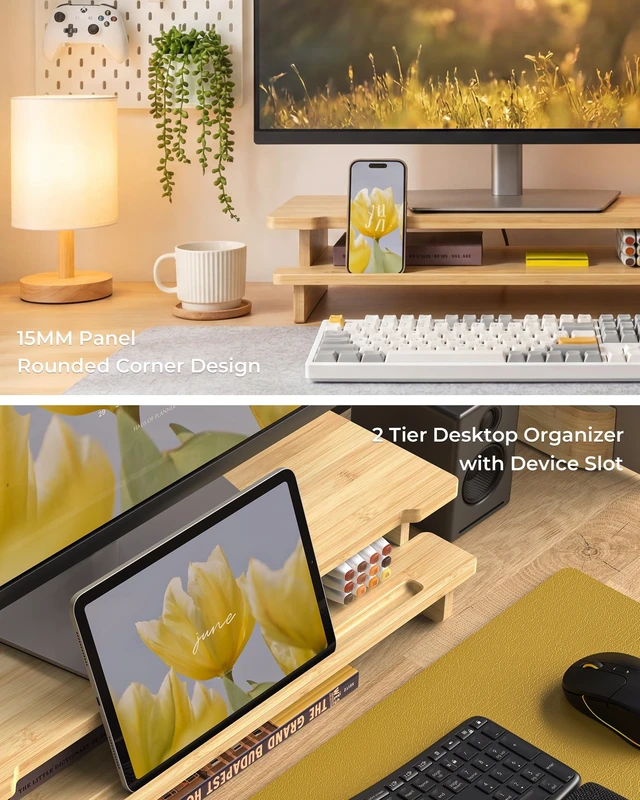 Alt view image 3 of 5 - WELL WENG Monitor Stand with Phone & Tablet Holder,23 Inch,Bamboo
