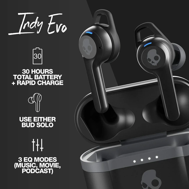 Alt view image 3 of 5 - Skullcandy Indy Evo in-Ear Wireless Earbuds, 30 Hr Battery, Microphone, Works with iPhone Android and Bluetooth Devices - Black
