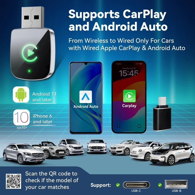Alt view image 2 of 5 - Mini Wireless CarPlay Adapter for iPhone,2 in 1 for Apple Carplay and Android Auto Adapter,Convert Wired to Wireless, Plug & Play, USB to USB-C/Type-C, Stable Control & No Delay, Black