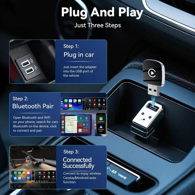 Alt view image 5 of 5 - Mini Wireless CarPlay Adapter for iPhone,2 in 1 for Apple Carplay and Android Auto Adapter,Convert Wired to Wireless, Plug & Play, USB to USB-C/Type-C, Stable Control & No Delay, Black