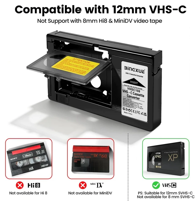 Alt view image 2 of 5 - Bingxue 2026 New VHS-C Cassette Adapter camorder VHS Cassette Adaptor for VHS-C to VHS Compatible 12mmwith Battery Charger fit Video Cassette/VCR Player,Not Compatible with 8mm/MiniDV/Hi8