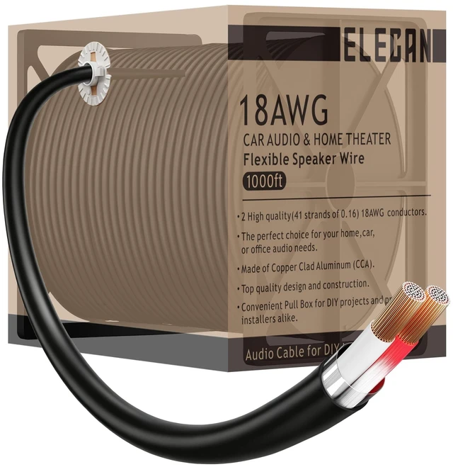 Main image of 18 Gauge 2 Conductor Speaker Wire 1000 Ft Easy-Pull Box, 18 AWG CCA CL2 Low Voltage Parallel DC Hookup Alarm Cable, Outdoor UV Resistant in-Wall for LED Security Systems Home Theater Car Audio-Black