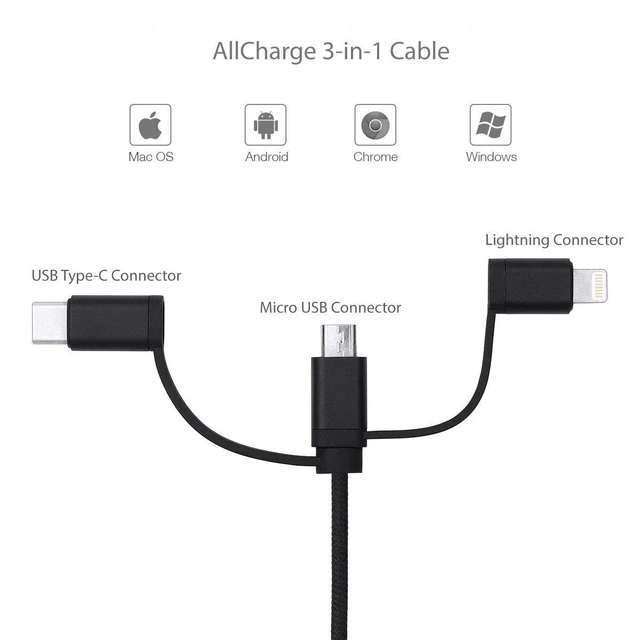 Alt view image 3 of 5 - BoxWave Cable Compatible with Nokia 5710 XpressAudio - AllCharge 3-in-1 Cable - Jet Black