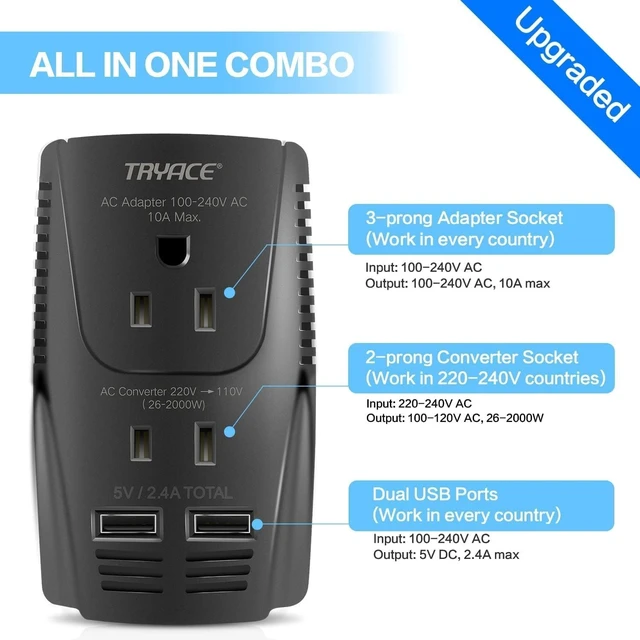 Alt view image 3 of 5 - Upgraded 2000W Voltage Converter US to Europe for Hair Dryer Straightener -220V to 110V Converter for European Travel, 2300W Power Converter Adapter Combo with Dual USB for Tablet Camera Cell Phone