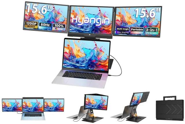 Main image of Hyangin Triple Screen Laptop Monitor Extender 15.6", 2026 Upgraded One Cable Connection Portable Quad Monitor, 1200P Portable Triple Monitors for Laptop, Compatible with Windows/Mac/Chrome OS/Phones
