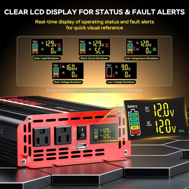 Alt view image 4 of 5 - 3000W Power Inverter 12V DC to 110V/120V AC with LCD Display for Vehicles