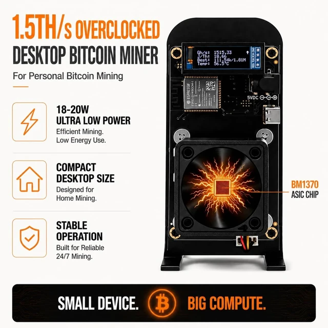 Alt view image 2 of 5 - 1.2-1.5TH/s Solo Bitcoin Miner Black with BM1370 ASIC Chip, Open Source