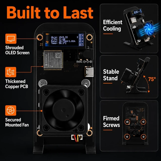 Alt view image 5 of 5 - 1.2-1.5TH/s Solo Bitcoin Miner Black with BM1370 ASIC Chip, Open Source