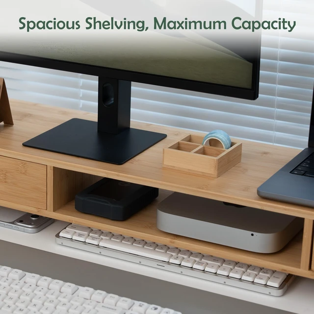 Alt view image 3 of 5 - ROCDEER Bamboo Dual Monitor Stand, Natural Desk Shelf with 2 Drawers