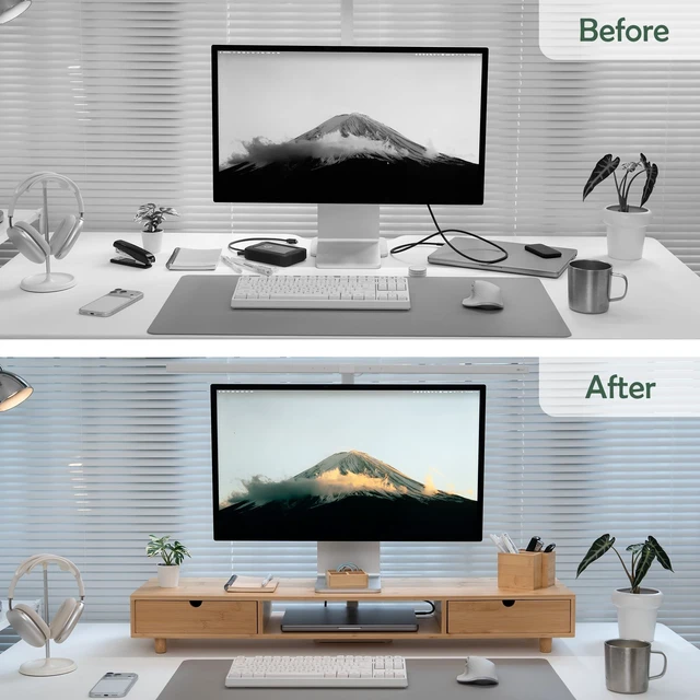 Alt view image 2 of 5 - ROCDEER Bamboo Dual Monitor Stand, Natural Desk Shelf with 2 Drawers