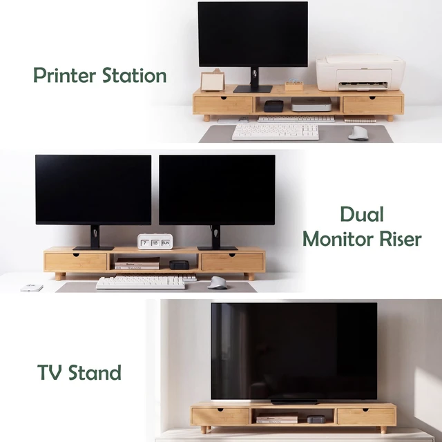 Alt view image 4 of 5 - ROCDEER Bamboo Dual Monitor Stand, Natural Desk Shelf with 2 Drawers