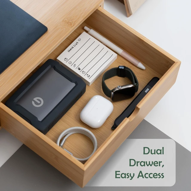 Alt view image 5 of 5 - ROCDEER Bamboo Dual Monitor Stand, Natural Desk Shelf with 2 Drawers