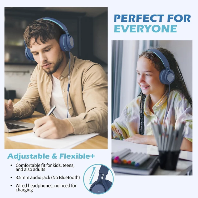 Alt view image 2 of 5 - Wired Headphones with Mic for School Kids Boys Girls Teen 3.5mm Jack, Blue