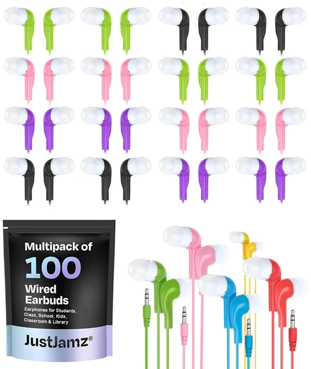 Main image of JustJamz Jelly Roll Bulk Earbuds for Classroom (100 Pack) Colorful Wired Student Earbuds with 3.5mm Jack Disposable Headphones Bulk Set for Schools, Testing, and District Procurement
