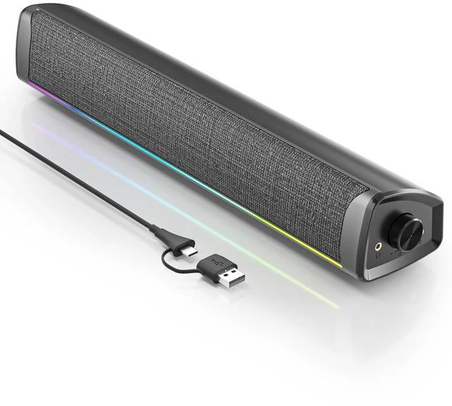 Main image of Computer Speakers for Desktop PC, Gaming Soundbar with 4 Drivers, 12 RGB Lighting Modes, USB/USB-C Powered PC Speakers, Plug & Play Monitor Sound Bar with Mic & Headphone Jack for Laptop, PC, Black