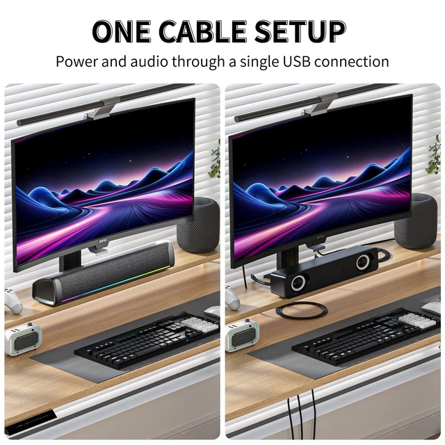 Alt view image 5 of 5 - Computer Speakers for Desktop PC, Gaming Soundbar with 4 Drivers, 12 RGB Lighting Modes, USB/USB-C Powered PC Speakers, Plug & Play Monitor Sound Bar with Mic & Headphone Jack for Laptop, PC, Black