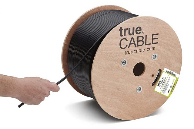 Main image of TRUECABLE RG6 Outdoor Dual Shield Bulk Coaxial Cable, 1000ft, Black, Direct Burial (CMX), 75 Ohm, 18 AWG Bare Copper Conductor, UV Resistant, 3GHz Sweep Tested