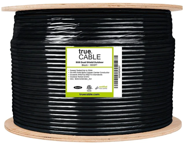 Alt view image 2 of 5 - TRUECABLE RG6 Outdoor Dual Shield Bulk Coaxial Cable, 1000ft, Black, Direct Burial (CMX), 75 Ohm, 18 AWG Bare Copper Conductor, UV Resistant, 3GHz Sweep Tested