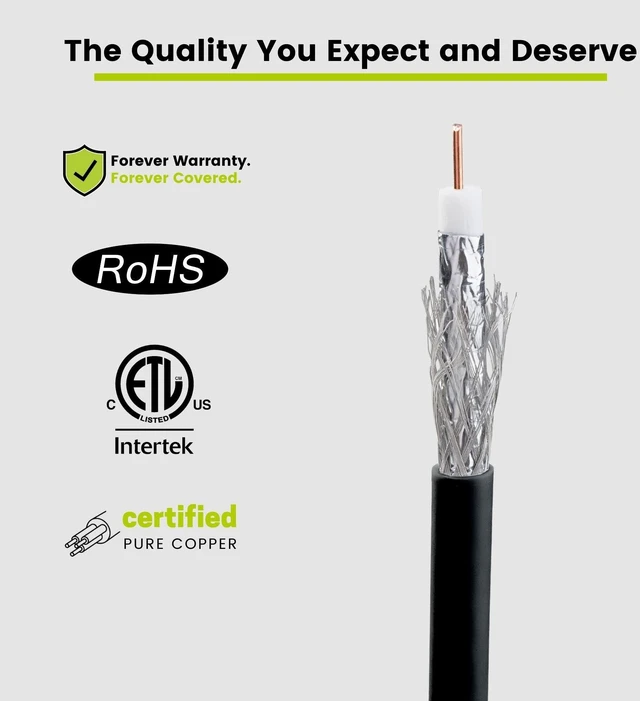 Alt view image 4 of 5 - TRUECABLE RG6 Outdoor Dual Shield Bulk Coaxial Cable, 1000ft, Black, Direct Burial (CMX), 75 Ohm, 18 AWG Bare Copper Conductor, UV Resistant, 3GHz Sweep Tested