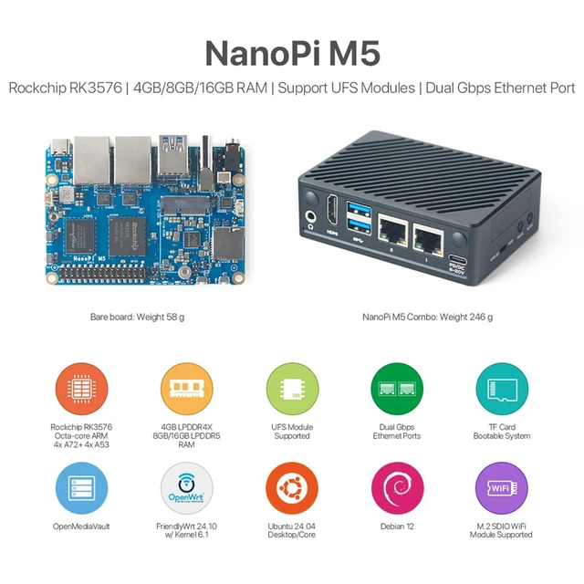 Alt view image 5 of 5 - youyeetoo Friendlyelec NanoPi M5 - RK3576 SOC, Dual Gigabit Ethernet, 4/8/16GB RAM, UFS, AI Deployment, M.2 SDIO WiFi, 4K@60Hz, OpenMediaVault (LPDDR5 8GB RAM,with Metal Case)