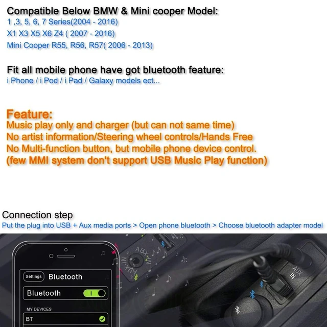 Alt view image 5 of 5 - Bojer Bluetooth Adapter for Mini Cooper BMW Car